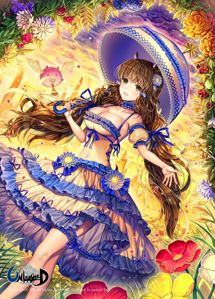 Anime picture 700x970 with unleashed ells (ellsat) single tall image looking at viewer breasts open mouth brown hair twintails brown eyes animal ears cleavage very long hair girl dress flower (flowers) petals frills umbrella