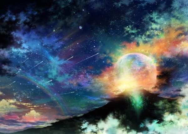 イラスト 2480x1778 と オリジナル ツジキ highres 空 cloud (clouds) night night sky landscape scenic space meteor rain 月 星 満月 rainbow