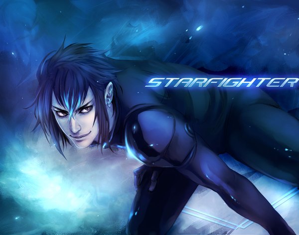 Anime picture 1400x1100 with starfighter (comic) cain (starfighter) flayu (artist) single short hair purple eyes purple hair light smile boy pilot suit