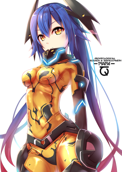 Anime picture 2500x3500 with phantasy star phantasy star online 2 sega quna (pso2) zelsius racket ti1 single long hair tall image blush fringe highres breasts light erotic simple background hair between eyes standing white background twintails yellow eyes