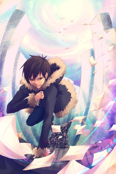 Anime picture 1600x2400 with durarara!! brains base (studio) orihara izaya uyre single tall image short hair red eyes brown hair signed wind arm support jumping boy jacket fur paper envelope