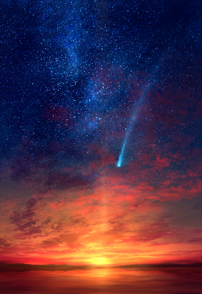 Anime picture 833x1211 with original mks tall image sky outdoors evening sunset horizon no people landscape scenic shooting star star (stars)