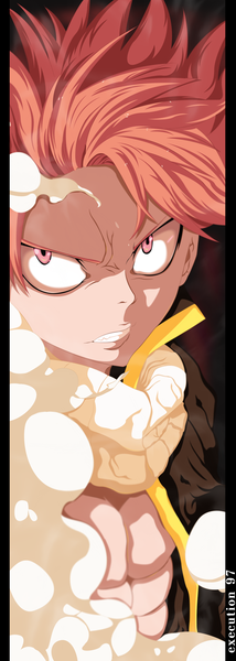 Anime picture 1150x3219 with fairy tail natsu dragneel execution97 single tall image short hair pink hair pink eyes grin coloring smoke muscle angry boy scarf
