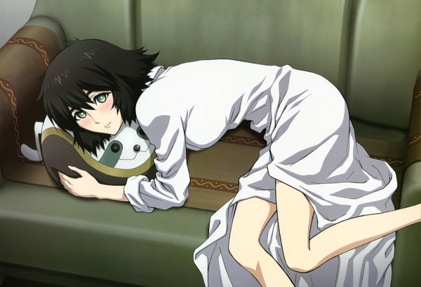 Anime picture 5960x4080 with steins;gate white fox megami magazine shiina mayuri blush highres short hair black hair green eyes absurdres official art girl couch