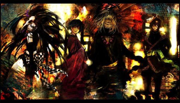 Anime picture 1500x861 with 317/miiina (pixiv) long hair fringe black hair blonde hair smile wide image purple eyes yellow eyes japanese clothes hair over one eye teeth sharp teeth girl boy gloves bow elbow gloves kimono mask