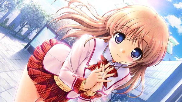 Anime picture 1280x720 with daitoshokan no hitsujikai shirasaki tsugumi bekkankou single long hair looking at viewer blush blonde hair smile wide image purple eyes game cg girl uniform school uniform