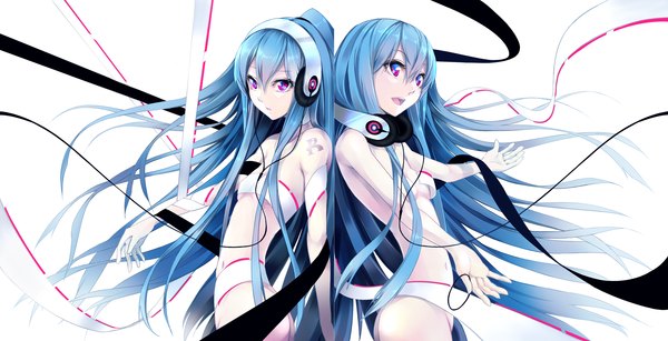 Anime picture 1937x992 with original sira-kura long hair highres open mouth wide image white background bare shoulders multiple girls blue hair tattoo back to back multicolored eyes girl navel ribbon (ribbons) 2 girls choker headphones wire (wires)