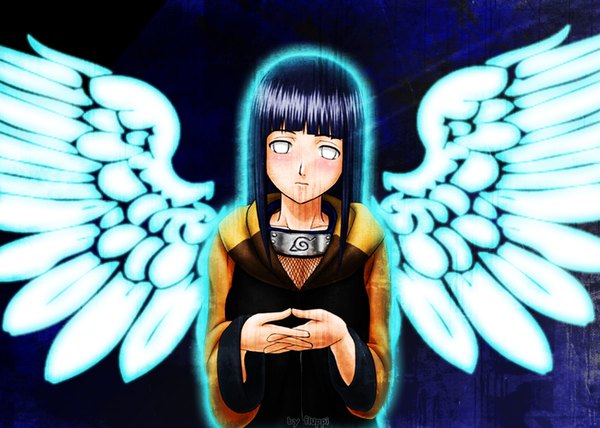 Anime picture 1680x1200 with naruto studio pierrot naruto (series) hyuuga hinata single long hair blue hair embarrassed holding hands angel wings white eyes no pupils girl bandana