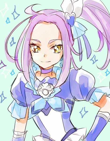 Anime picture 679x866 with precure suite precure toei animation seiren (suite precure) cure beat kurochiroko single long hair tall image looking at viewer smile yellow eyes purple hair hand on hip side ponytail blue background magical girl girl detached sleeves choker