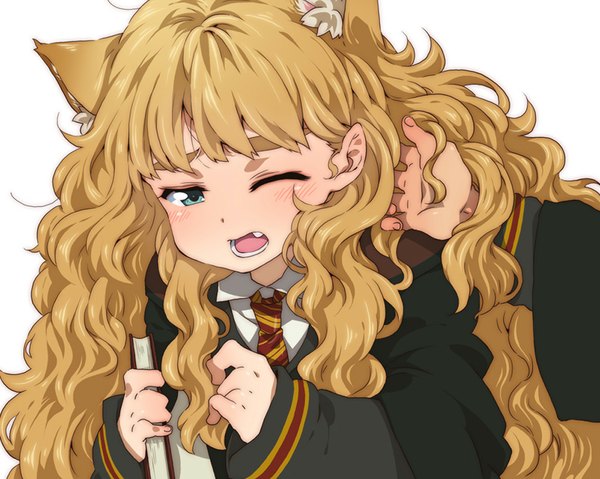 Anime picture 1024x819 with harry potter hermione granger long hair blush open mouth blue eyes blonde hair simple background white background animal ears one eye closed wink cat ears teeth cat girl fang (fangs) wavy hair girl necktie book (books)