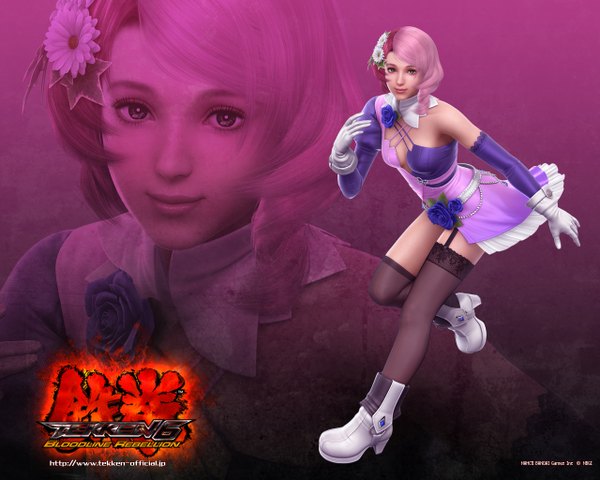 Anime picture 1280x1024 with tekken namco (studio) alisa boskonovich looking at viewer short hair bare shoulders green eyes pink hair cleavage full body bent knee (knees) multicolored hair hair flower light smile realistic two-tone hair copyright name leg lift (legs lift) zoom layer purple background