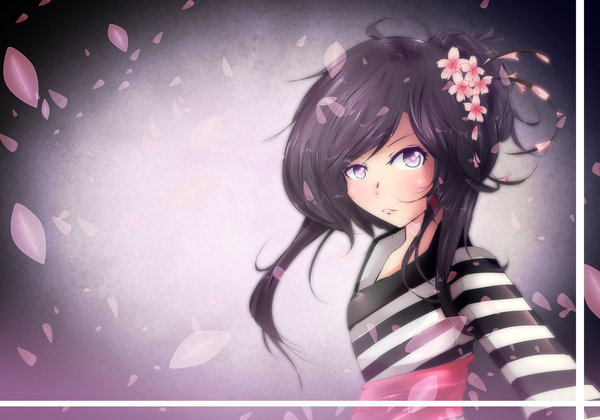 Anime picture 3000x2100 with original neon-virus single long hair looking at viewer highres black hair purple eyes hair flower striped girl hair ornament flower (flowers) petals