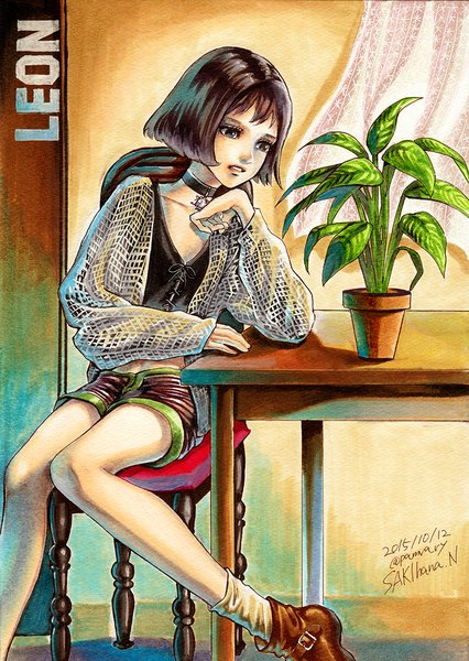 Anime picture 800x1127 with leon (movie) mathilda lando sakihana single tall image fringe short hair black hair sitting signed bent knee (knees) parted lips black eyes copyright name dated looking down chin rest traditional media girl plant (plants)