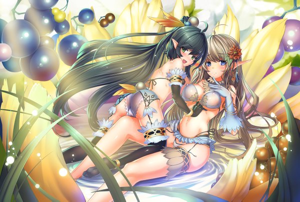 Anime picture 1228x827 with original yanagiya hajime long hair blush breasts open mouth blue eyes light erotic black hair brown hair bare shoulders multiple girls green eyes ponytail pointy ears shoujo ai elf girl thighhighs gloves