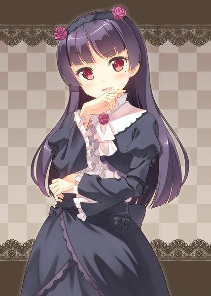 Anime picture 800x1122 with ore no imouto ga konna ni kawaii wake ga nai gokou ruri hyuuga azuri single long hair tall image looking at viewer blush open mouth red eyes purple hair mole mole under eye girl dress hairband