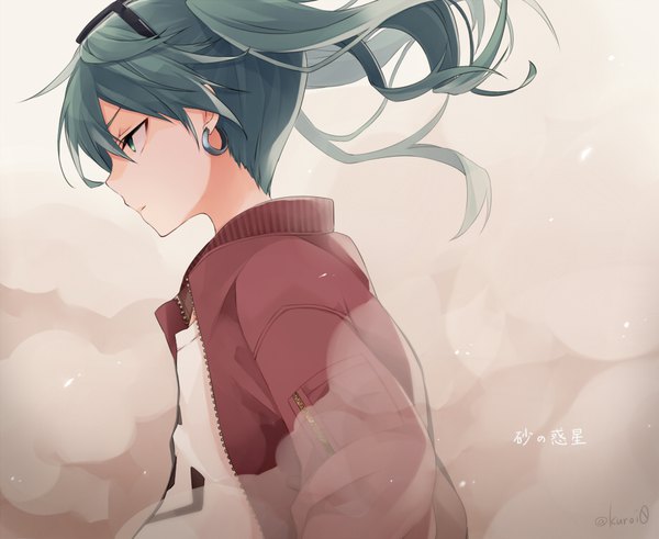 Anime picture 916x750 with vocaloid suna no wakusei (vocaloid) hatsune miku kuroi (liar-player) single long hair fringe signed looking away profile aqua eyes wind aqua hair open clothes twitter username sunglasses on head dust girl earrings jacket