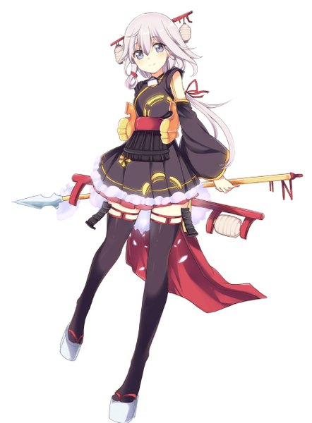 Anime picture 906x1230 with shirohime quest kiyosu (shirohime quest) haruyuki (yukichasoba) single long hair tall image looking at viewer blush fringe simple background smile standing white background grey hair grey eyes girl thighhighs weapon black thighhighs detached sleeves