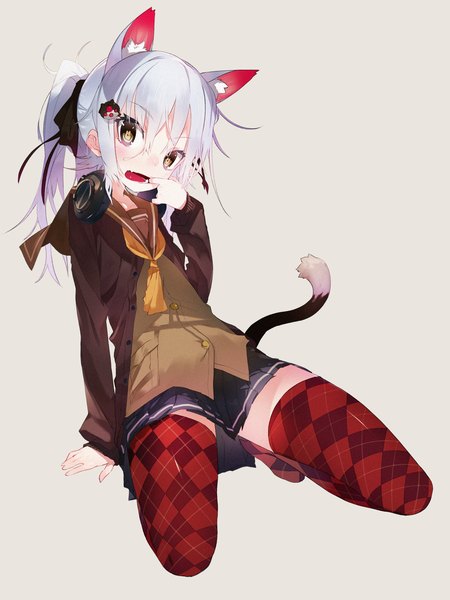 Anime picture 1500x2000 with original karei (hirameme) tall image short hair open mouth simple background animal ears yellow eyes white hair cat ears cat girl cat tail girl thighhighs glasses headphones