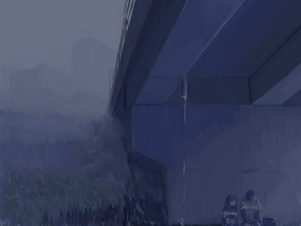Anime picture 1024x768 with long hair sitting dark background fog plant (plants) bag grass school bag bridge