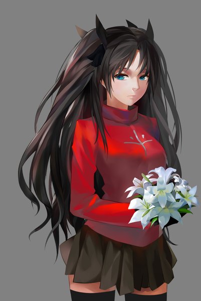 Anime picture 1248x1865 with fate (series) fate/stay night studio deen type-moon toosaka rin lightofheaven single long hair tall image fringe black hair simple background twintails looking away aqua eyes grey background girl thighhighs skirt flower (flowers)