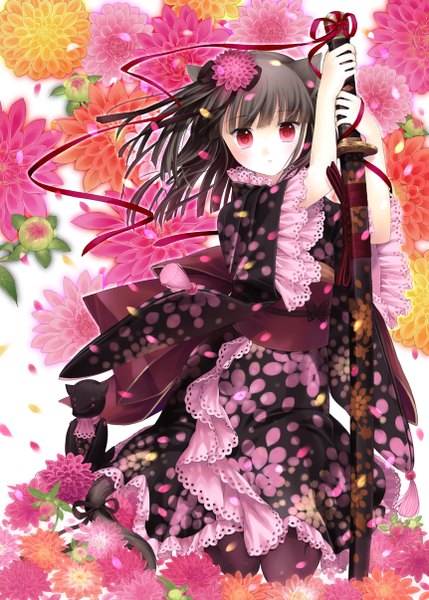 Anime picture 862x1206 with original kanzaki miku kuroinu single tall image looking at viewer short hair black hair red eyes animal ears traditional clothes japanese clothes hair flower cat ears cat girl girl dress hair ornament flower (flowers) weapon