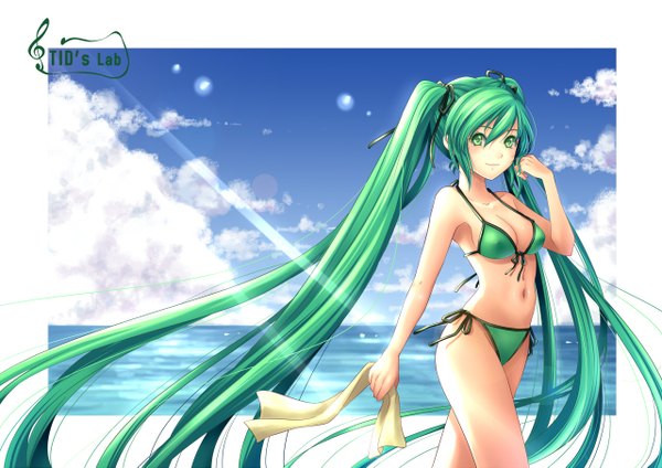 Anime picture 1280x905 with vocaloid hatsune miku tidsean looking at viewer fringe breasts smile green eyes sky eyes closed very long hair green hair light smile sunlight alternate costume beach walking summer girl navel