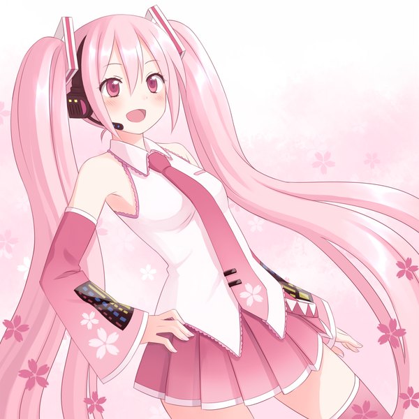 Anime picture 1000x1000 with vocaloid hatsune miku sakura miku kuro (chrono) single long hair blush open mouth twintails pink hair pink eyes pink background girl thighhighs skirt detached sleeves miniskirt necktie headphones vest