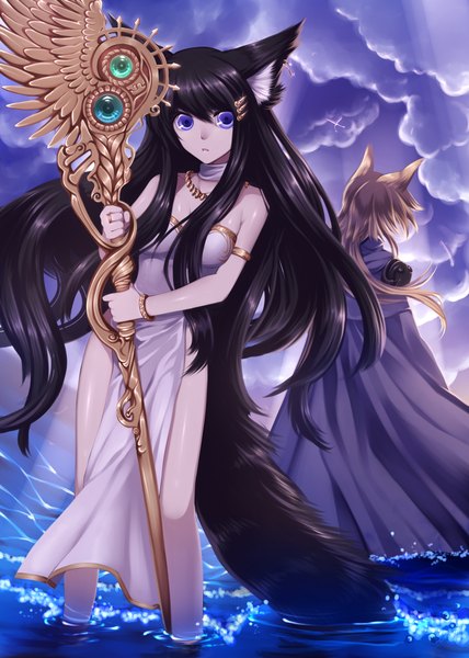 Anime picture 1582x2220 with original konshin long hair tall image black hair brown hair purple eyes bare shoulders multiple girls animal ears tail animal tail from behind legs girl dress hair ornament 2 girls water hairclip