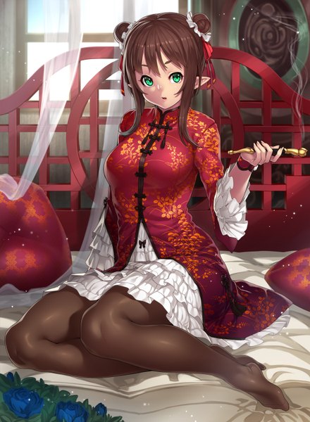 Anime picture 1100x1500 with original houtengeki single long hair tall image looking at viewer open mouth brown hair green eyes pointy ears hair bun (hair buns) chinese clothes girl flower (flowers) pantyhose black pantyhose bed chinese dress pipe