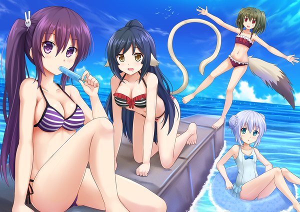 Anime picture 1697x1200 with gochuumon wa usagi desu ka? utawareru mono: itsuwari no kamen white fox kafuu chino tedeza rize kuon (utawareru mono) necone (utawareru mono) kazenokaze long hair short hair breasts light erotic black hair brown hair purple eyes multiple girls animal ears yellow eyes blue hair purple hair