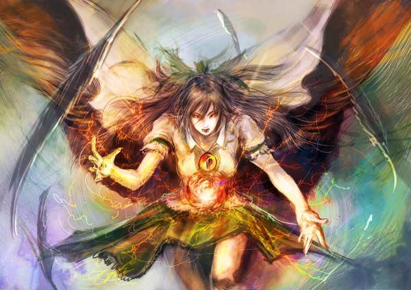 Anime picture 1200x849 with touhou reiuji utsuho hayaken (artist) single long hair open mouth black hair red eyes black wings girl bow hair bow feather (feathers)