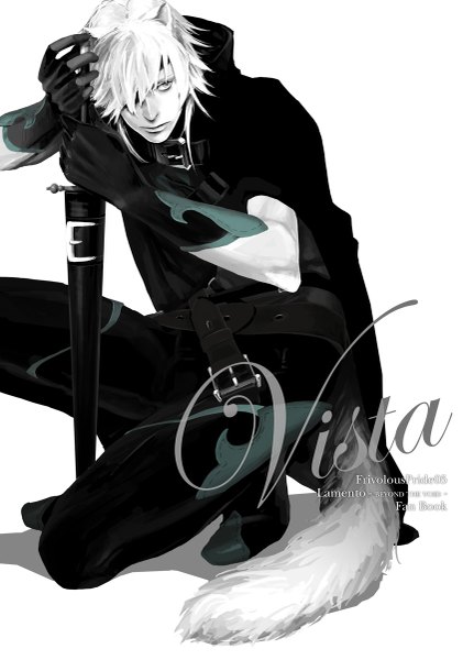 Anime picture 843x1200 with lamento nitro+chiral rai mozilla (pixiv) single tall image fringe short hair simple background white background holding animal ears looking away white hair tail animal tail lips shadow grey eyes copyright name