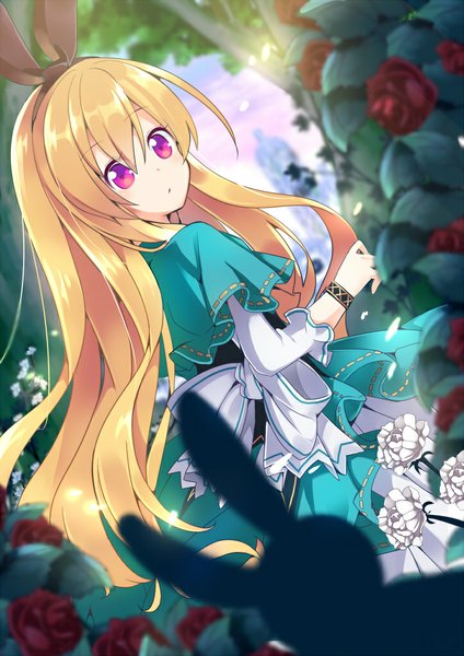 Anime picture 723x1023 with original nyori single long hair tall image fringe blonde hair standing purple eyes looking back back glow girl dress flower (flowers) bow plant (plants) animal rose (roses) headband