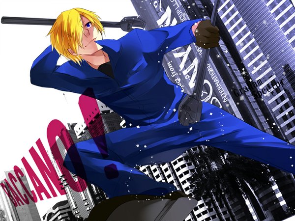 Anime picture 1024x768 with baccano! graham spector akuma ringo single fringe short hair blue eyes smile hair over one eye city boy gloves building (buildings) overalls wrench jumpsuit