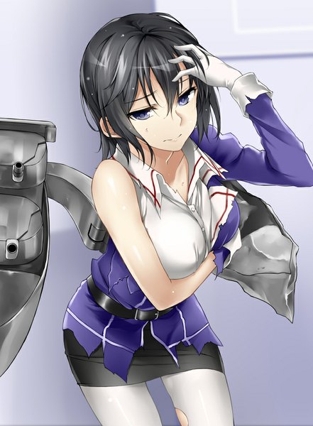Anime picture 699x951 with kantai collection haguro heavy cruiser konnyaku963 single tall image looking at viewer fringe short hair light erotic black hair simple background standing purple eyes bent knee (knees) torn clothes adjusting hair hand on head torn pantyhose girl thighhighs