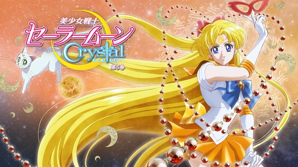 Anime picture 1920x1080 with bishoujo senshi sailor moon toei animation aino minako sailor venus artemis (sailor moon) looking at viewer highres blue eyes blonde hair wide image holding green eyes very long hair pleated skirt arm up midriff facial mark space girl skirt
