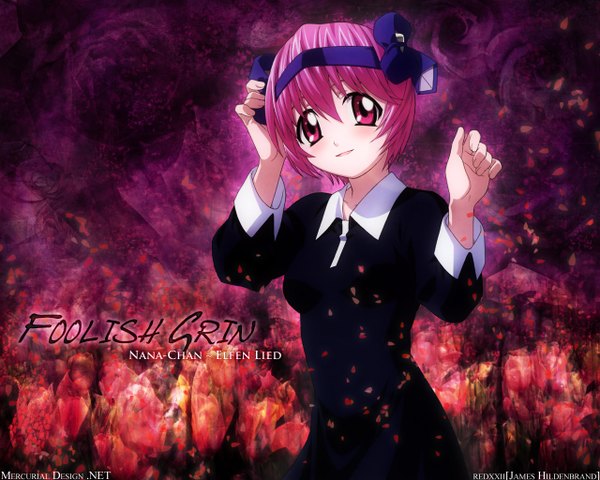 Anime picture 1280x1024 with elfen lied arms corporation nana (elfen lied) james hildenbrand (redxxii) lynn okamoto (artist) single looking at viewer short hair red eyes signed pink hair arm up light smile wind inscription wallpaper copyright name character names third-party edit girl