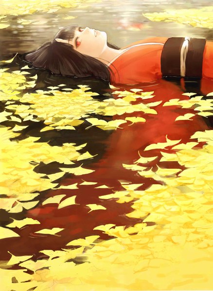 Anime picture 2990x4092 with original romiy single long hair tall image looking at viewer fringe highres black hair smile red eyes outdoors lying long sleeves traditional clothes parted lips japanese clothes horn (horns) wide sleeves partially submerged