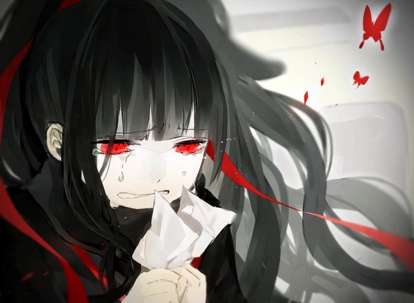 Anime picture 1300x952 with kagerou project days (kagerou project) shaft (studio) azami (kagerou project) pecchii single long hair fringe black hair simple background red eyes holding payot looking away upper body blunt bangs from above wind shadow tears