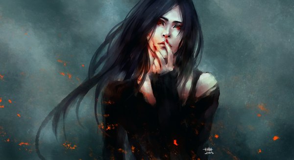 Anime picture 2200x1200 with original nanfe single long hair looking at viewer highres black hair red eyes wide image signed nail polish finger to mouth girl blood