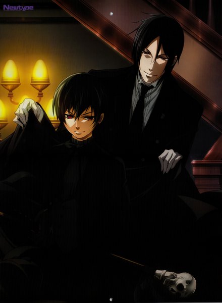 Anime picture 2058x2803 with kuroshitsuji a-1 pictures sebastian michaelis ciel phantomhive tall image highres short hair black hair red eyes light smile heterochromia boy gloves necktie skull lamp cane