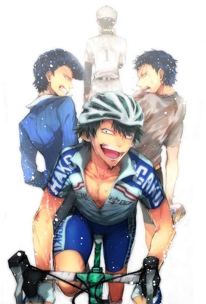 Anime picture 810x1193 with yowamushi pedal pepsi arakita yasutomo arrchin tall image looking at viewer fringe short hair open mouth standing white background holding blue hair looking away green hair from behind black eyes back happy muscle