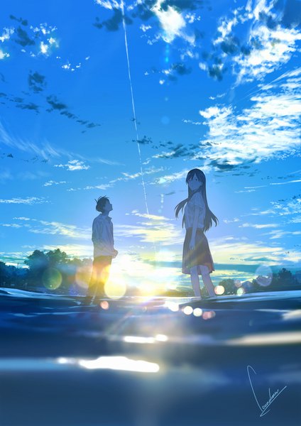 Anime picture 930x1316 with kimi wa tsukiyo ni hikarikagayaku original watarase mamizu okada takuya loundraw long hair tall image looking at viewer short hair standing signed looking away sky cloud (clouds) outdoors pleated skirt sunlight blurry wet depth of field