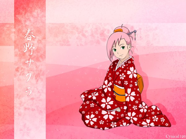 Anime picture 1600x1200 with naruto studio pierrot naruto (series) haruno sakura single looking at viewer short hair sitting green eyes pink hair full body ahoge traditional clothes head tilt japanese clothes light smile alternate costume character names pink background alternate hairstyle