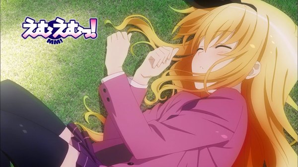 Anime picture 1280x720 with mm! xebec isurugi mio blonde hair wide image eyes closed sleeping girl thighhighs black thighhighs plant (plants) serafuku grass