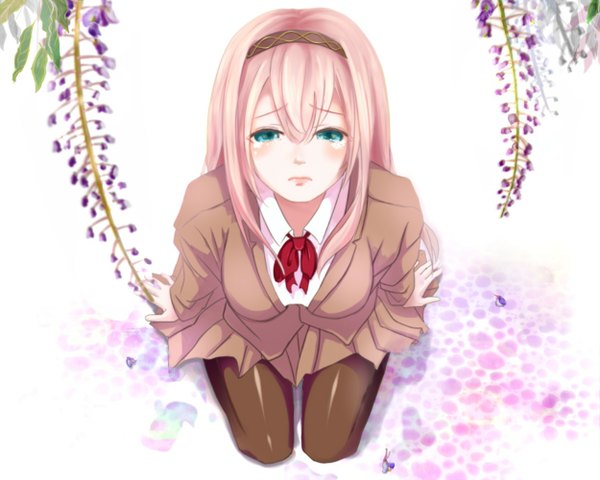 Anime picture 1250x1000 with vocaloid megurine luka tagme (artist) single long hair looking at viewer blush fringe breasts light erotic sitting pink hair aqua eyes from above alternate costume tears sad girl uniform hair ornament