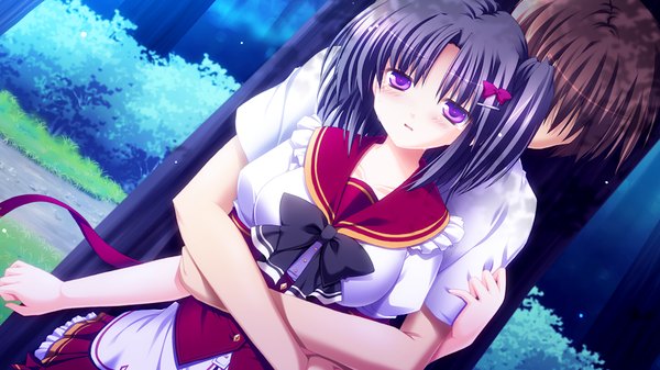 Anime picture 1024x576 with fortuna rhapsody blush short hair black hair wide image purple eyes game cg couple hug tears girl boy uniform bow plant (plants) hair bow school uniform tree (trees)