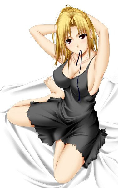 Anime picture 685x1087 with original ribucci single long hair tall image looking at viewer breasts light erotic blonde hair red eyes large breasts holding barefoot bare legs armpit (armpits) mouth hold ribbon in mouth girl dress sundress