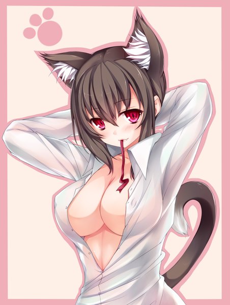 Anime picture 1350x1790 with original rayn single tall image blush short hair breasts light erotic black hair red eyes large breasts animal ears cat ears open clothes cat girl cat tail open shirt girl
