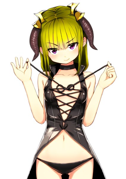 Anime picture 800x1132 with af bunko nosuku single tall image looking at viewer blush fringe short hair breasts light erotic simple background smile white background purple eyes bare shoulders horn (horns) green hair flat chest girl underwear